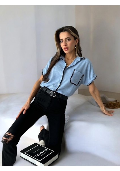 Kadın Mavi Çoban Dikişli Keten Gömlek Modeli