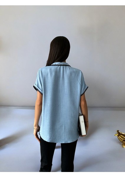 Kadın Mavi Çoban Dikişli Keten Gömlek Modeli