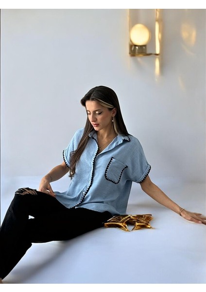 Kadın Mavi Çoban Dikişli Keten Gömlek Modeli