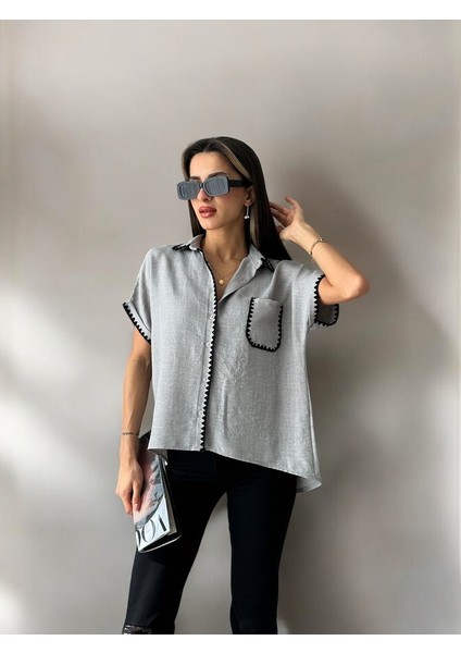 Kadın Gri Çoban Dikişli Keten Gömlek Modeli