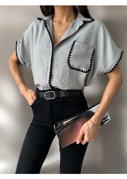 Kadın Gri Çoban Dikişli Keten Gömlek Modeli