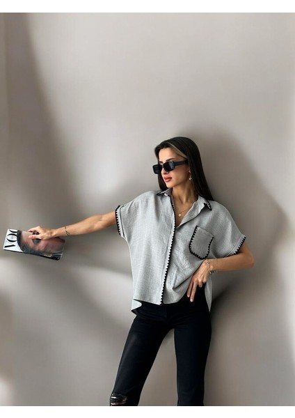 Kadın Gri Çoban Dikişli Keten Gömlek Modeli