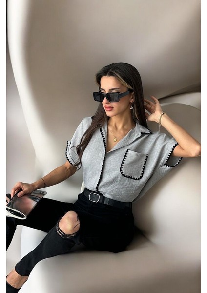 Kadın Gri Çoban Dikişli Keten Gömlek Modeli