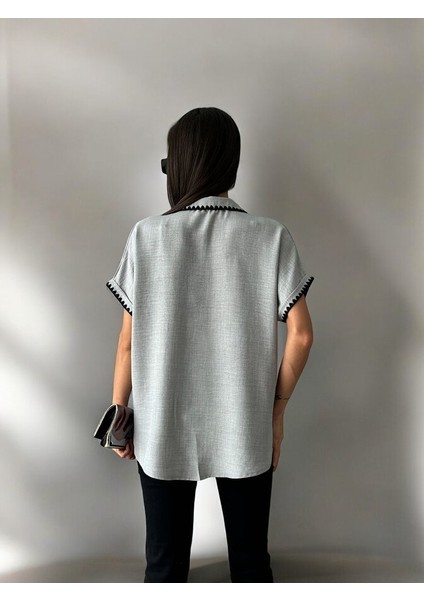 Kadın Gri Çoban Dikişli Keten Gömlek Modeli