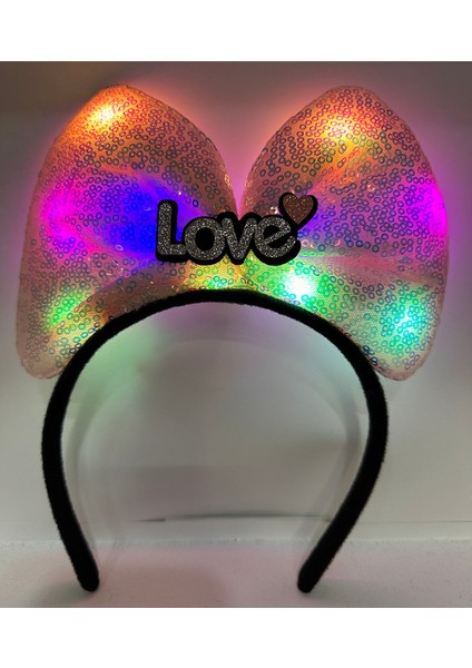 Led Işıklı 3 Farklı Fonksiyonda Yanan Gümüş Love Yazılı Toz Pembe Fiyonk Taç 20X17 cm (3791)