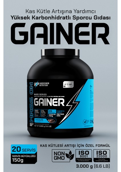 Hardpower Nutrition Gainer 3.000 g Kilo ve Kas Yapılanmasına Yardımcı Karbonhidrat Tozu (Çikolata Aromalı)