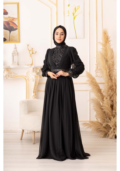 Yıldız Abiye Taş ve Plise Detaylı Şifon Tesettür Abiye (K17925)