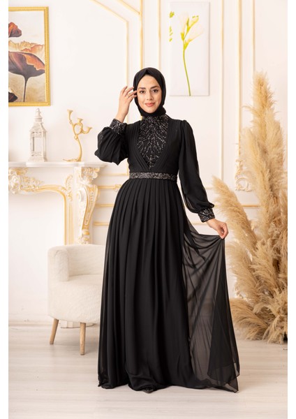 Yıldız Abiye Taş ve Plise Detaylı Şifon Tesettür Abiye (K17925) fiyatları