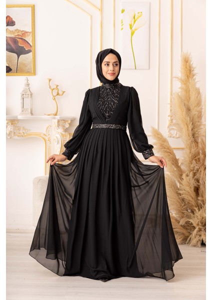 Yıldız Abiye Taş ve Plise Detaylı Şifon Tesettür Abiye (K17925) modelleri