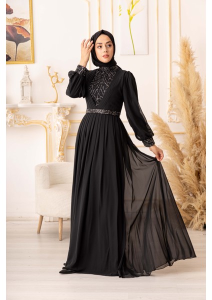Yıldız Abiye Taş ve Plise Detaylı Şifon Tesettür Abiye (K17925) fırsatları