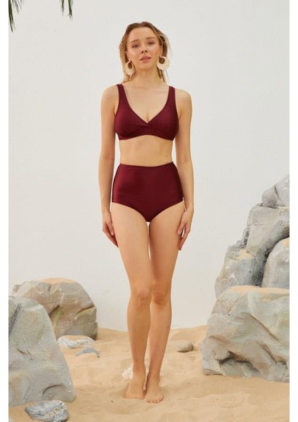 Bordo Toparlayıcı Yüksek Bel Bikini Altı Astarlı Uv Korumalı