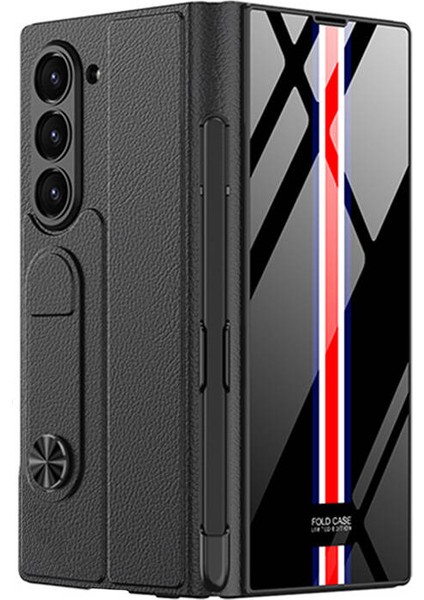 Samsung Galaxy Z Fold 6 Uyumlu Kılıf Kartlıklı Kalem Bölmeli Çizgi Desenli Telefon Kılıfı Kapak