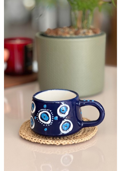 Seramik El Boyaması Göz Nazar Temalı Kahve Kupası/mug - Lacivert