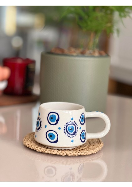 Seramik El Boyaması Göz Nazar Temalı Kahve Kupası/mug - Beyaz