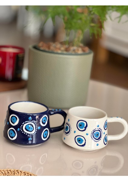 Seramik El Boyaması Göz Nazar Temalı Kahve Kupası/mug - Lacivert modelleri