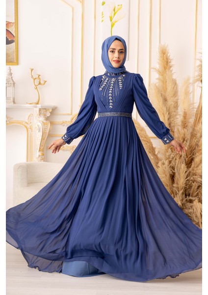 Yıldız Abiye Kristal Taş ve Zincir Detaylı Şifon Tesettür Abiye (K17927)