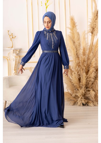 Yıldız Abiye Kristal Taş ve Zincir Detaylı Şifon Tesettür Abiye (K17927) modelleri