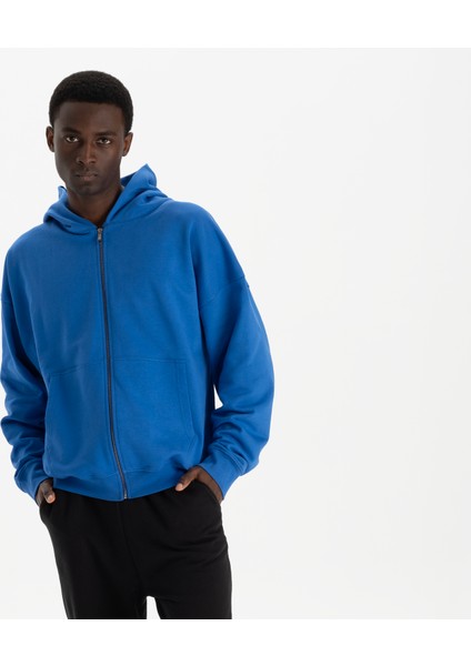 Erkek Mavi %100 Organik Pamuk Kanguru Cepli Fermuarlı Kapüşonlu Oversize Sweatshirt