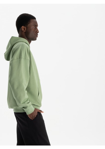 Erkek Yeşil %100 Organik Pamuk Kanguru Cepli Fermuarlı Kapüşonlu Oversize Sweatshirt