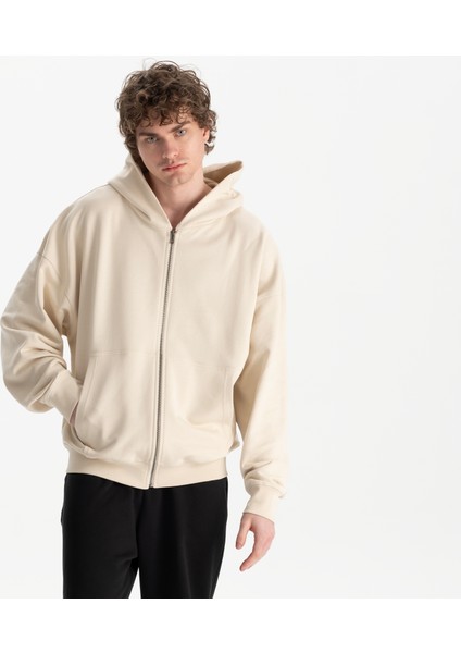 Erkek Bej %100 Organik Pamuk Kanguru Cepli Fermuarlı Kapüşonlu Oversize Sweatshirt