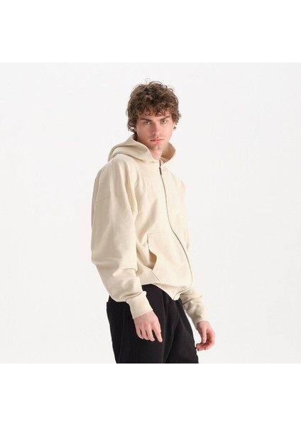 Erkek Bej %100 Organik Pamuk Kanguru Cepli Fermuarlı Kapüşonlu Oversize Sweatshirt