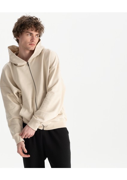 Erkek Bej %100 Organik Pamuk Kanguru Cepli Fermuarlı Kapüşonlu Oversize Sweatshirt