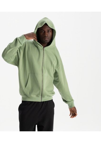 Erkek Yeşil %100 Organik Pamuk Kanguru Cepli Fermuarlı Kapüşonlu Oversize Sweatshirt