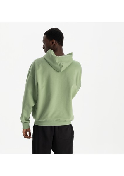 Erkek Yeşil %100 Organik Pamuk Kanguru Cepli Fermuarlı Kapüşonlu Oversize Sweatshirt