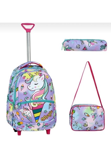 Back To School Çekçekli Okul Çantası Kız Çocuk Unicorn Model Beslenme Çantalı Kalemlikli 3 Lü Set O