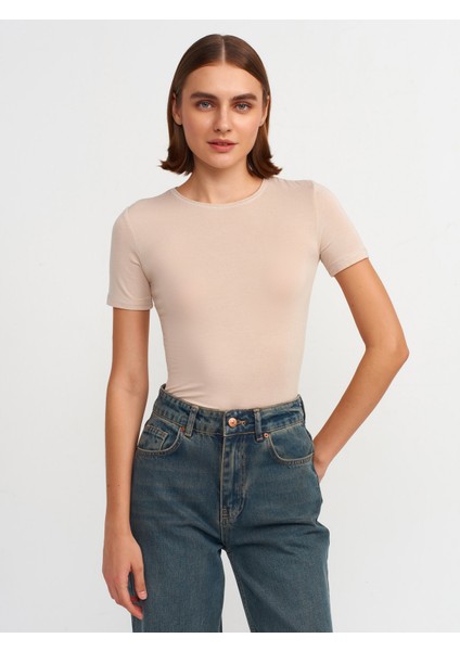 30747 Bisiklet Yaka Basic T-Shirt-Bej