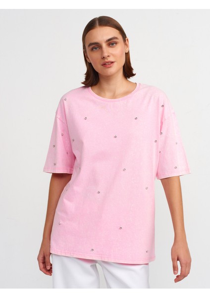 31150 Yıkama Efektli Taşlı T-Shirt-Açık Pembe