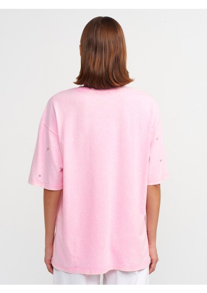 31150 Yıkama Efektli Taşlı T-Shirt-Açık Pembe fiyatları