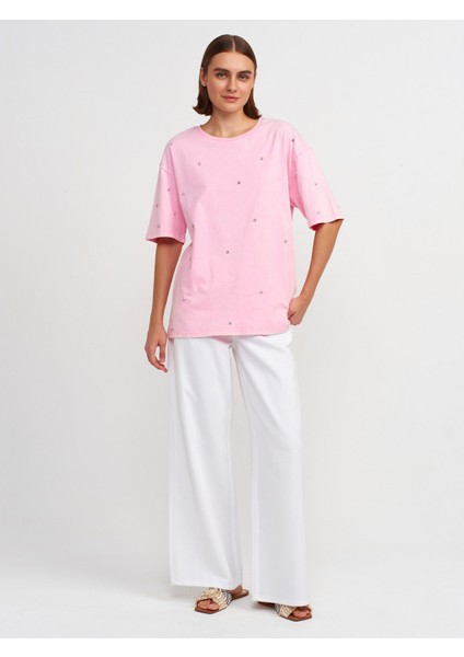31150 Yıkama Efektli Taşlı T-Shirt-Açık Pembe modelleri