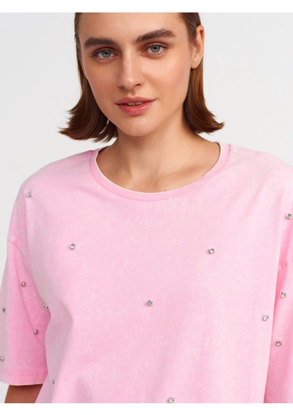 31150 Yıkama Efektli Taşlı T-Shirt-Açık Pembe fırsatları
