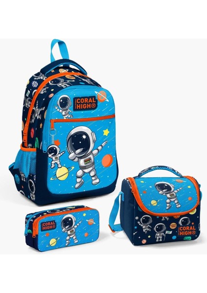 Tek Ebat Coral High Kids 3 Lü Lacivert Mavi Astronot Desenli Sırt Çantası Seti Mavi Tekstil Sırt Ça