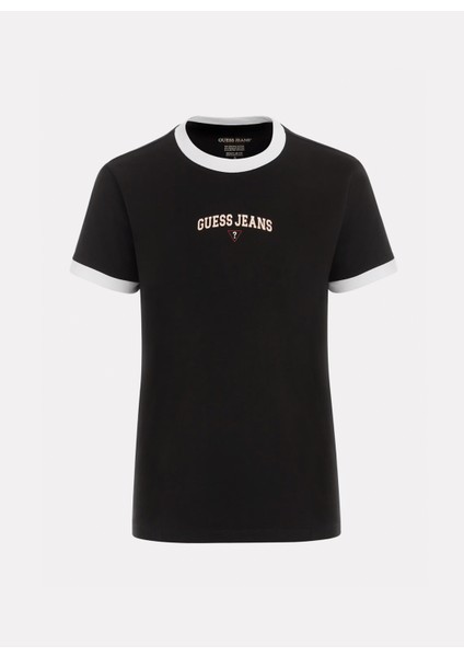 Bisiklet Yaka Desenli Siyah Kadın T-Shirt Gj Ss Cn Reg Guess J - Mıd Organıc