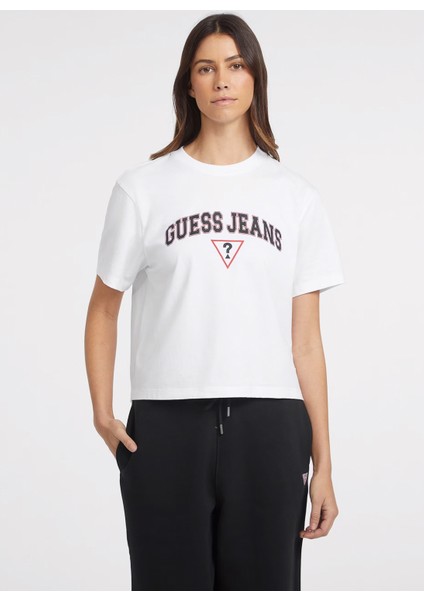 Bisiklet Yaka Desenli Beyaz Kadın T-Shirt Gj Ss Cn Boxy Guess - Organıc Cotto