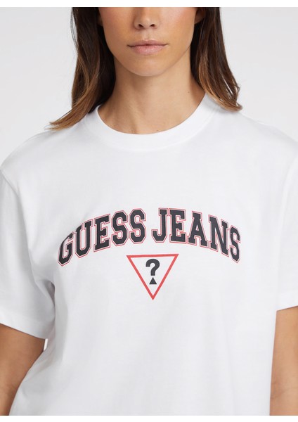 Bisiklet Yaka Desenli Beyaz Kadın T-Shirt Gj Ss Cn Boxy Guess - Organıc Cotto