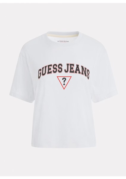 Bisiklet Yaka Desenli Beyaz Kadın T-Shirt Gj Ss Cn Boxy Guess - Organıc Cotto