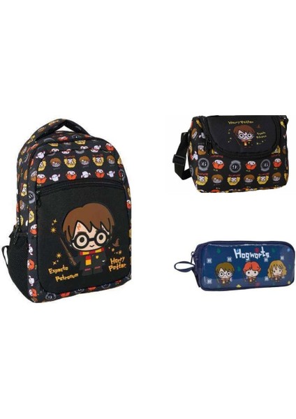 3'lü Harry Potter Okul Çantası 3'lü Set Beslembe + Kalemlik + Çanta Siyah Kumaş Organik 100% Polyes