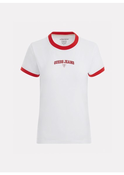 Bisiklet Yaka Desenli Beyaz Kadın T-Shirt Gj Ss Cn Reg Guess J - Mıd Organıc