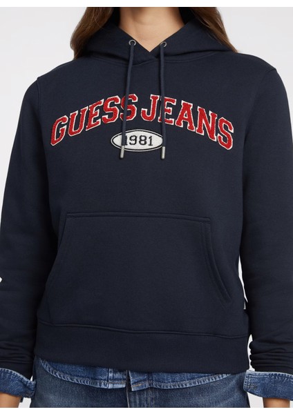 Kapüşon Yaka Desenli Lacivert Kadın Sweatshırt Gj Hood Reg Guess J - Organıc Co/pl