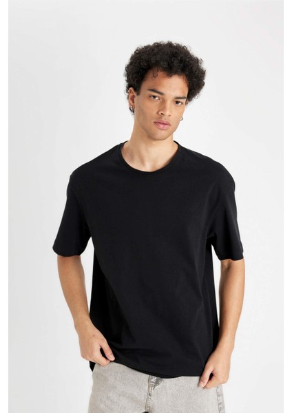 Boxy Fit Bisiklet Yaka Basic Düz Kısa Kollu Siyah Tişört D7415AX24HS