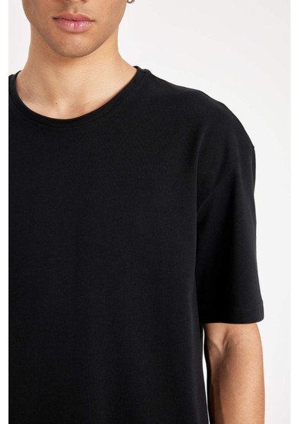 Boxy Fit Bisiklet Yaka Basic Düz Kısa Kollu Siyah Tişört D7415AX24HS