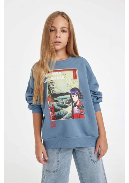 Kız Çocuk Hatsune Miku Relax Fit Bisiklet Yaka İçi Yumuşak Tüylü Sweatshirt D1120A824AU