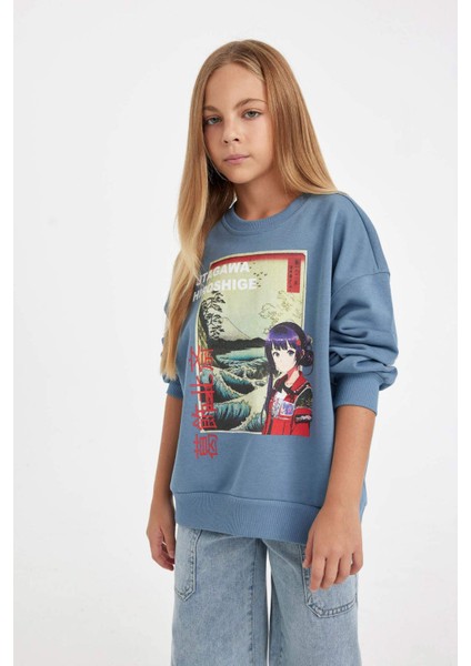 Kız Çocuk Hatsune Miku Relax Fit Bisiklet Yaka İçi Yumuşak Tüylü Sweatshirt D1120A824AU fırsatları