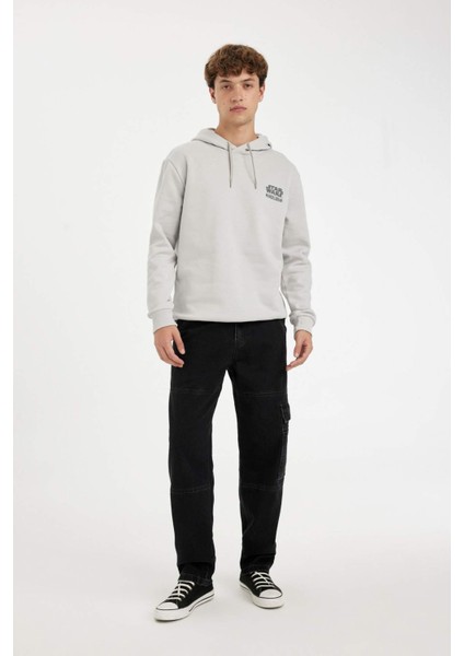 Erkek Açık Gri Star Wars-Mandalorian Regular Fit Kapüşonlu Sırt Baskılı Sweatshirt C6525AX24AU
