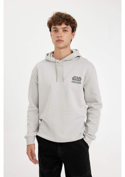 Erkek Açık Gri Star Wars-Mandalorian Regular Fit Kapüşonlu Sırt Baskılı Sweatshirt C6525AX24AU