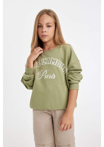 Kız Çocuk Yeşil Relax Fit Bisiklet Yaka Baskılı Sweatshirt D3572A824AU