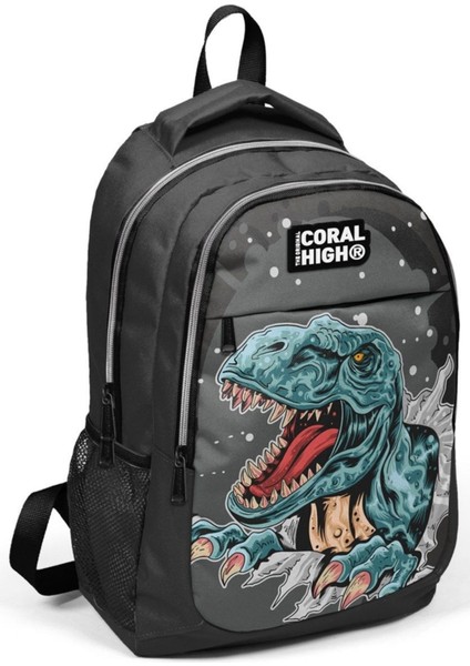 Hayır Coral High Erkek Çocuk Gri Dinazor Baskılı Okul Sırt Çantası ve Beslenme Çantası Tek Ebat Su